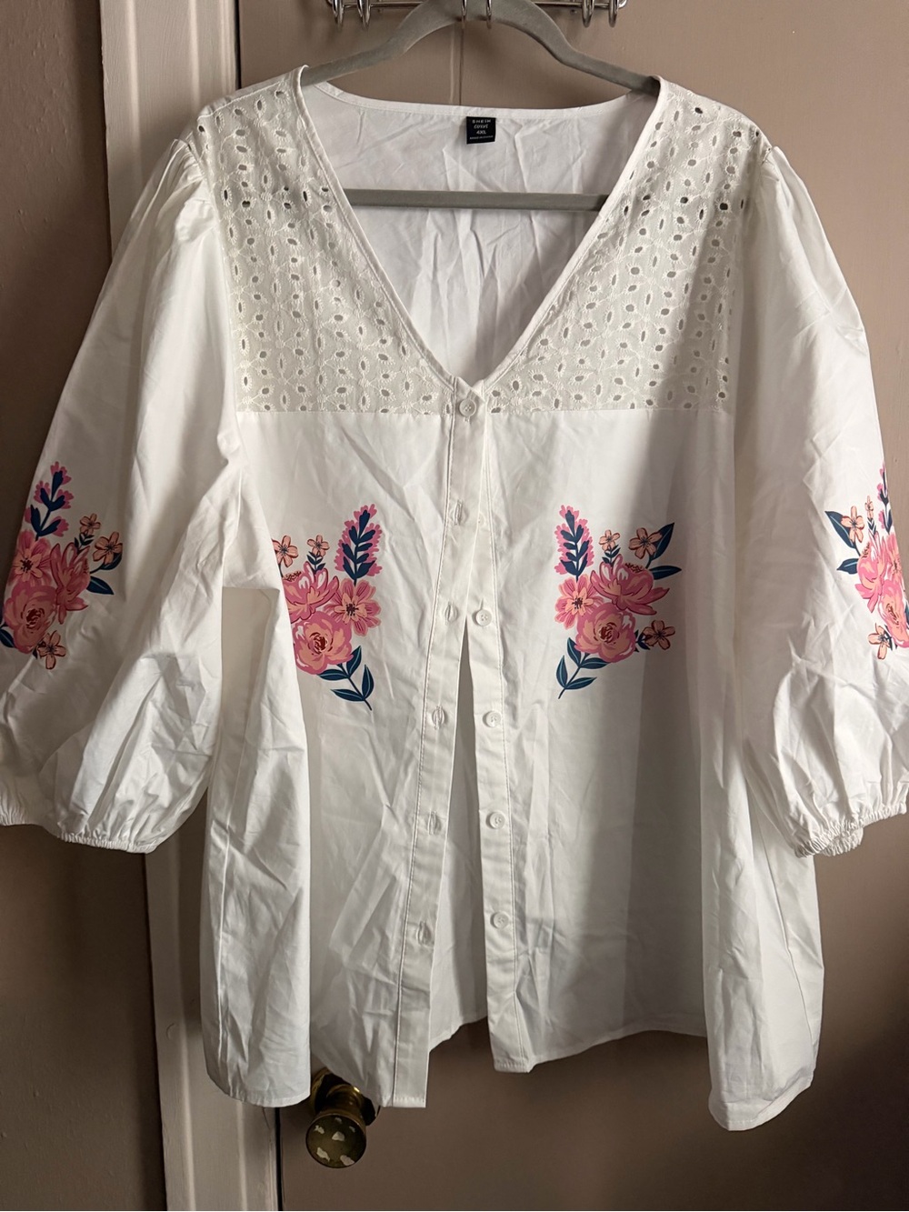 SHEIN White Button-Down Blouse with Pink Floral Embroidery